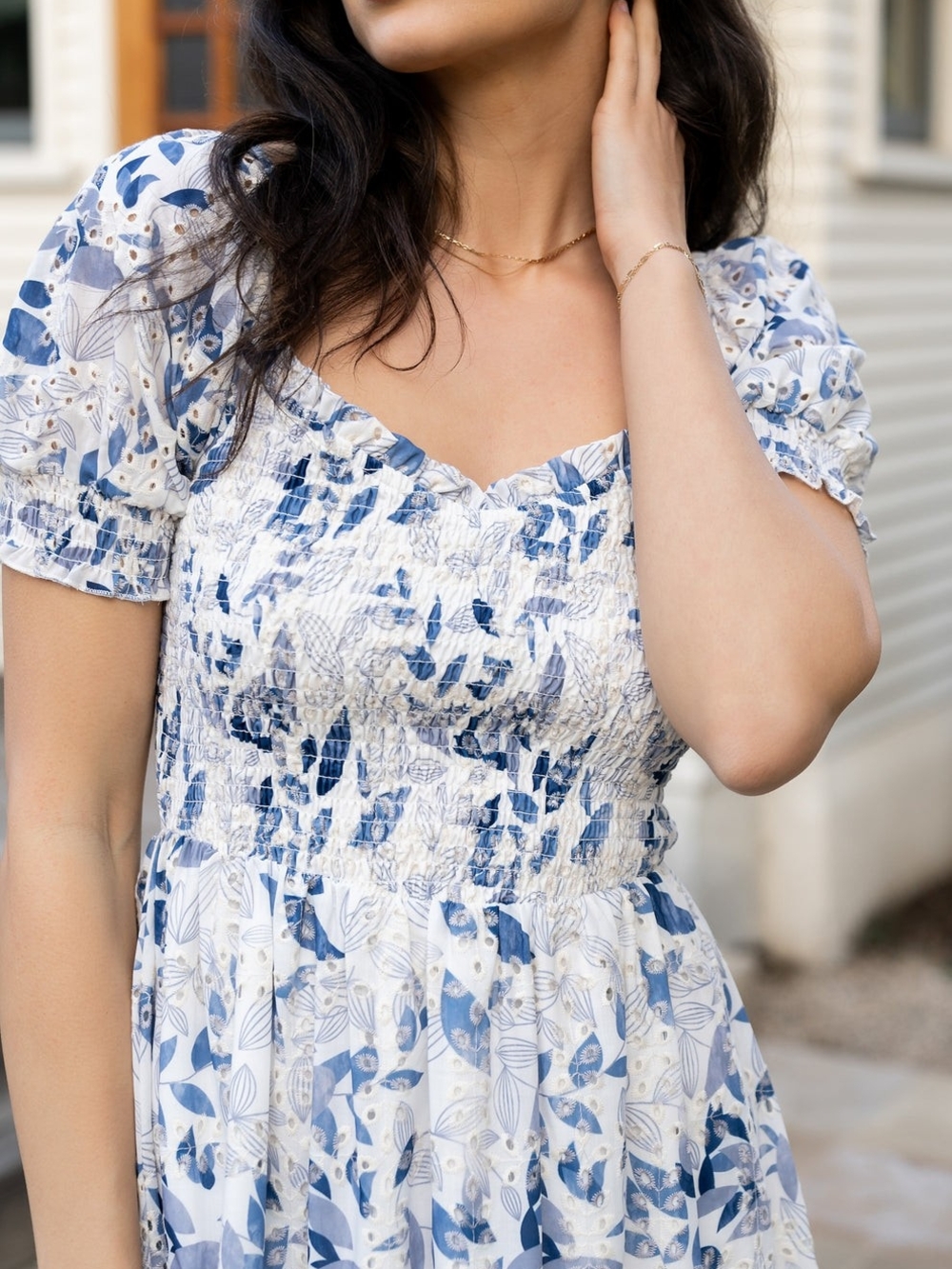 Baltic Born Piper Floral Eyelet Midi Dress Smocked Puff Sleeve Cottagecore M - Picture 2 of 9